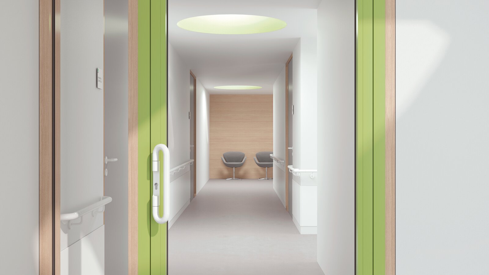 HEWI lever handle signal white Glazed hospital door with green frame equipped with a lever handle in the colour signal white made of polyamide