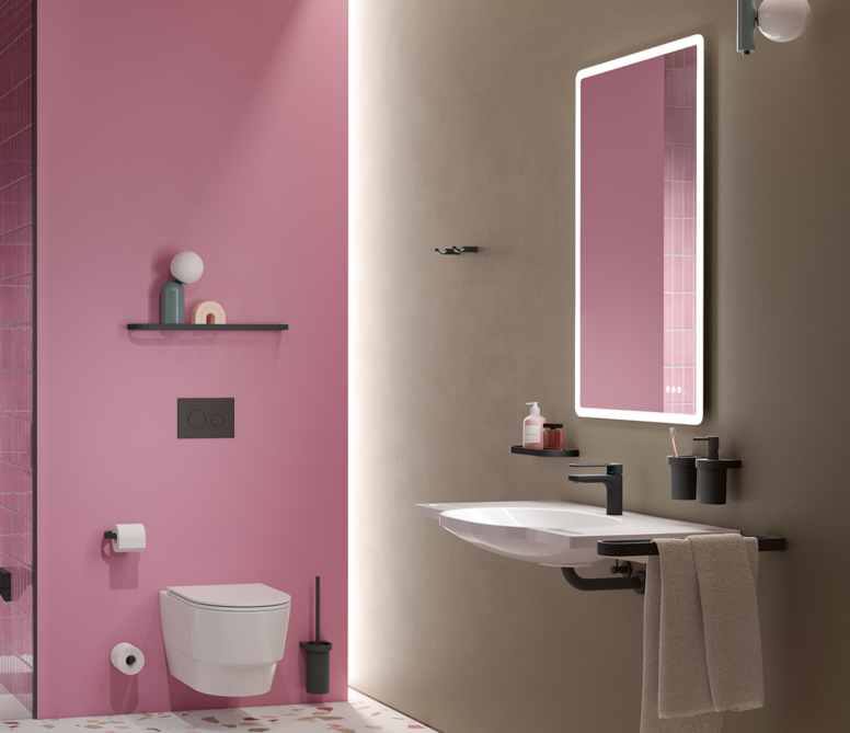 HEWI System 800 schwarzmatt Bad mit Waschplatz, Duschbereich und WC