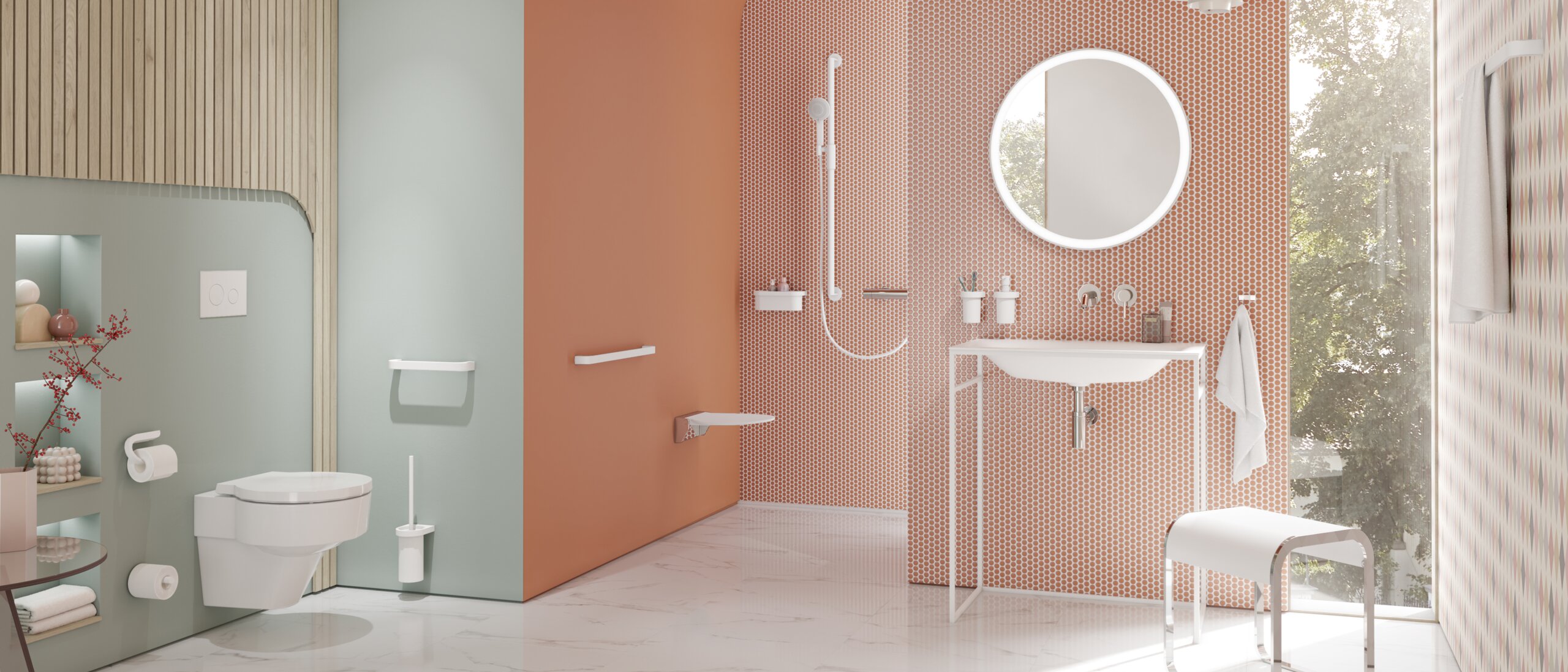 Modernes Bad mit Waschplatz, Duschbereich und WC