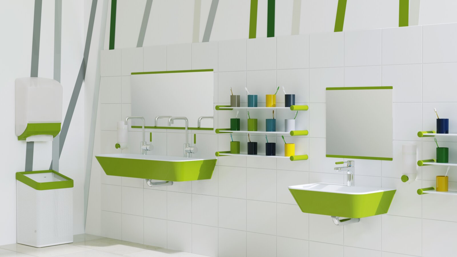 Child-friendly HEWI washbasin green Child-friendly washbasin with green accents; two washbasins at different heights next to colorful toothbrush cup holders