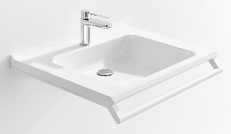 HEWI barrierefreier Waschtisch Barrierefreier Waschtisch mit Haltegriff in der Farbe Weiß matt aus Edelstahl und Einhebelarmatur Chrom mit weißem Griffelement aus Polyamid