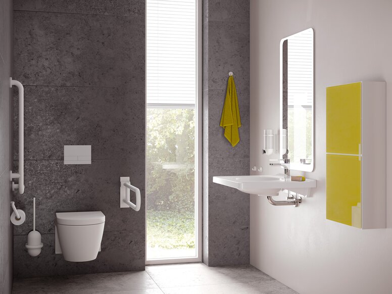 Barrier-free bathroom with washbasin and WC equipped with HEWI series 477/801 signal white matt | © HEWI Barrierefreies Bad Signalweiß matt 