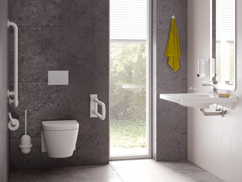 © HEWI Barrierefreies Bad Signalweiß matt Barrier-free bathroom with washbasin and WC equipped with HEWI series 477/801 signal white matt | © HEWI Barrierefreies Bad Signalweiß matt