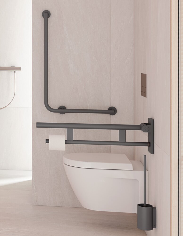 HEWI Serie 900 Anthrazit matt Barrierefreies Bad mit Waschplatz, Duschbereich und WC