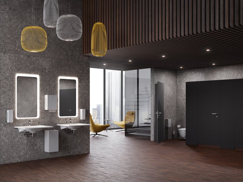 Bathroom with soap dispenser and paper towel holder