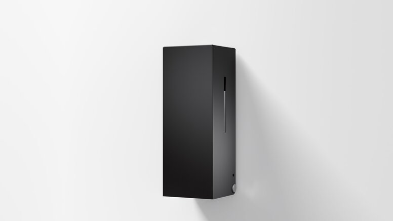 Aanraakvrije zeepdispenser met hoekig ontwerp in mat zwart roestvrij staal